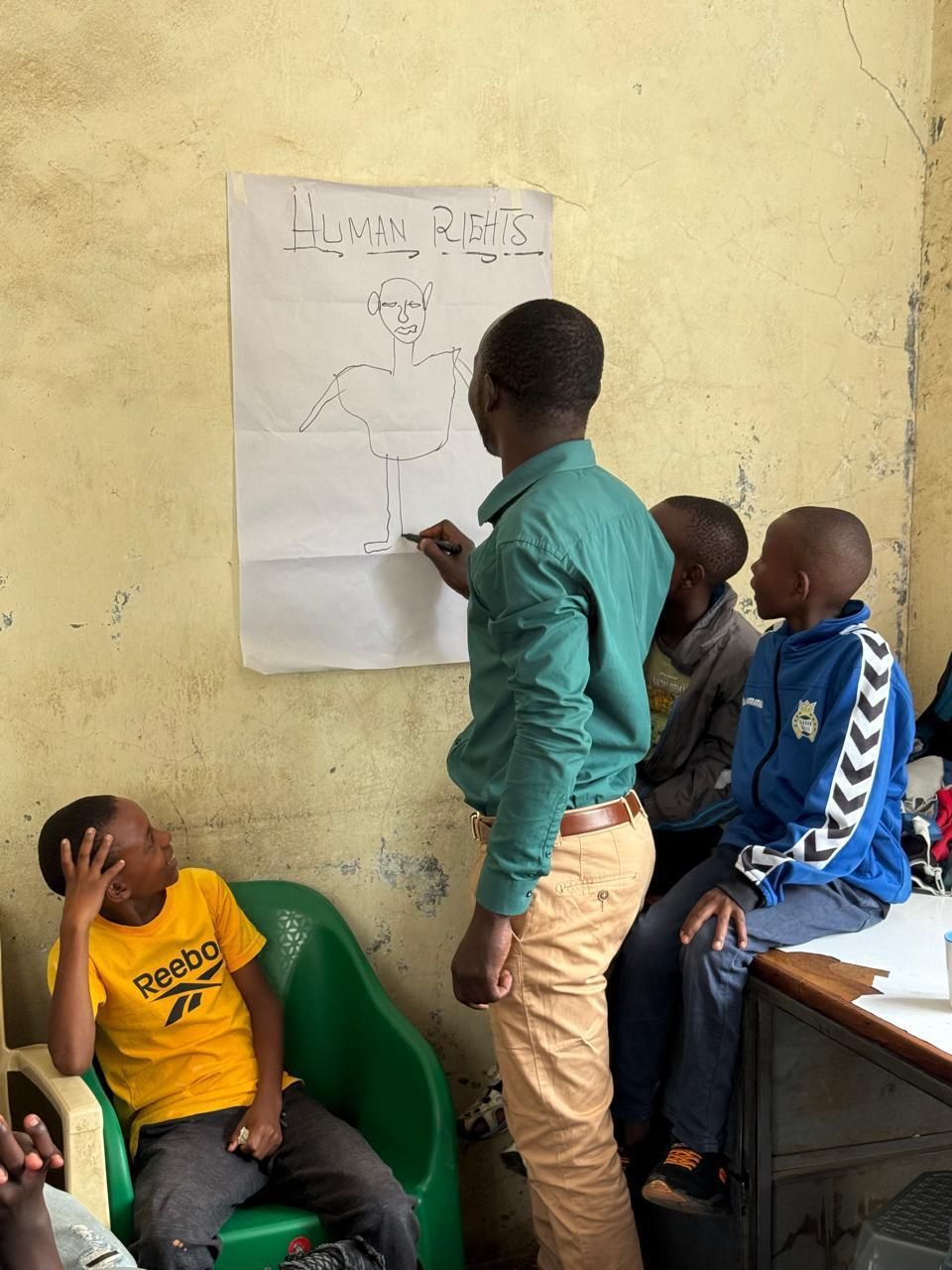 Facilitator teaching about human rights on a flip chart